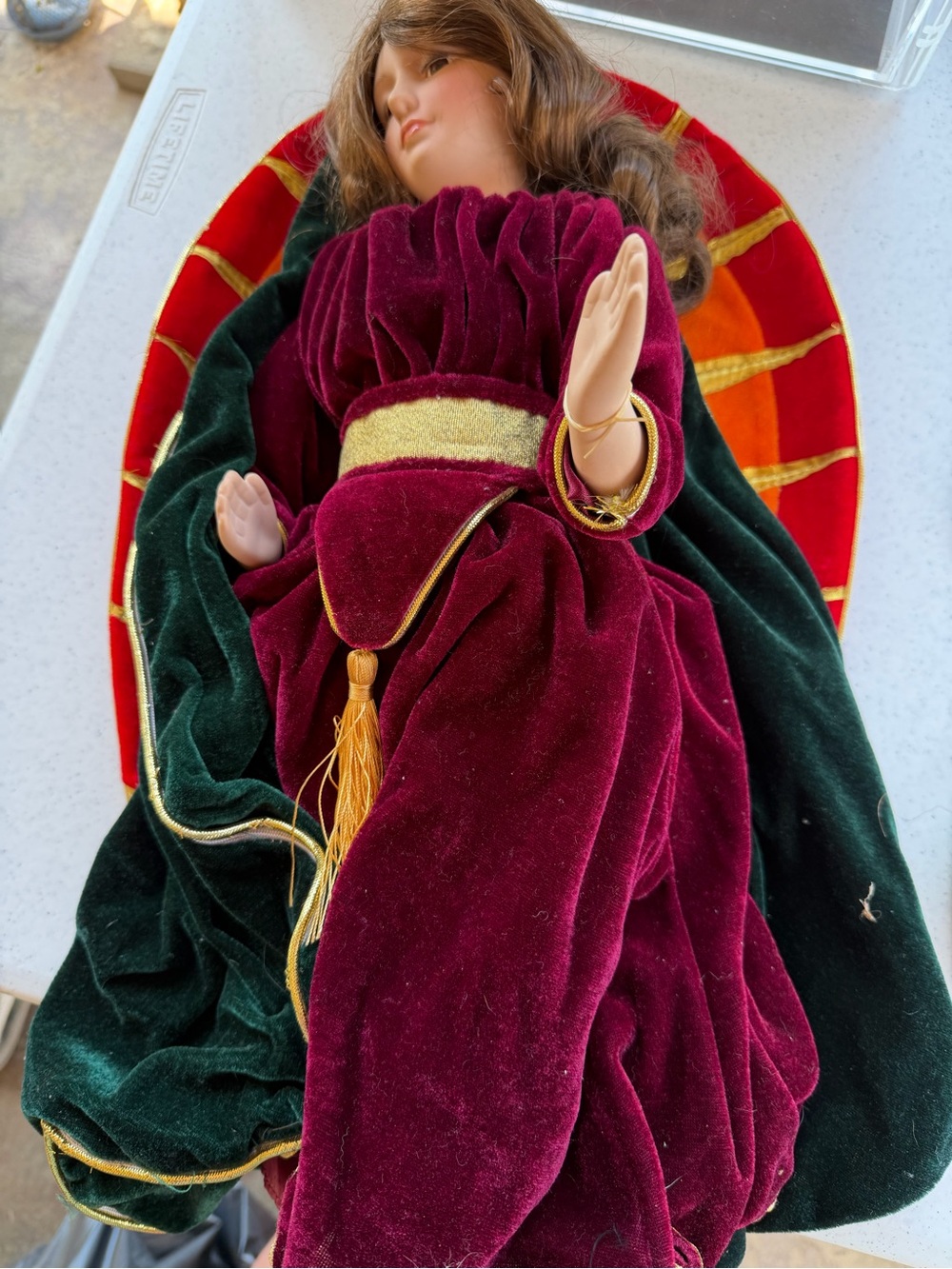 Velvet Princess Doll in Burgundy and Forest Green with Gold Trim